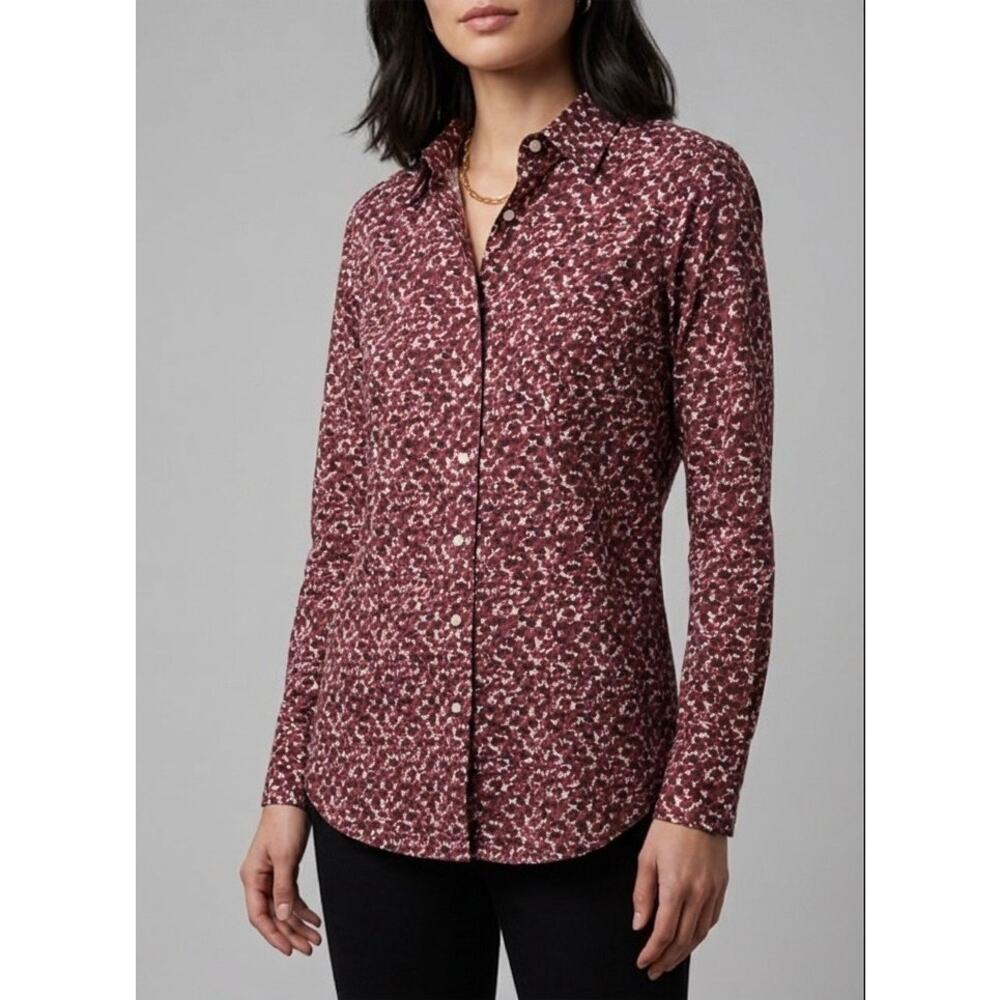 Ann Mashburn Blouse Shirt S Red & White Geometric Print Button Up Cotton Top
